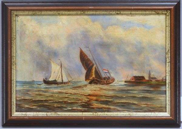Gemälde, 'Segelboote auf bewegter See', Öl/Lw, sign./datiert '1905', verso mit Widmung