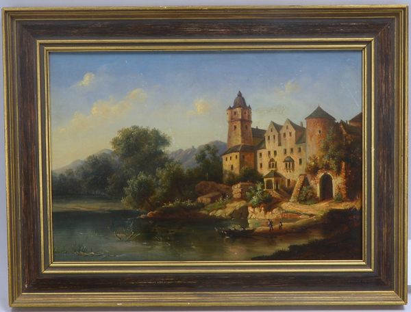Gemälde, 'Kahn mit Personen vor Burg am Fluss', Öl/Lw, ger.; Bildmaße ca. 25 x 37 cm