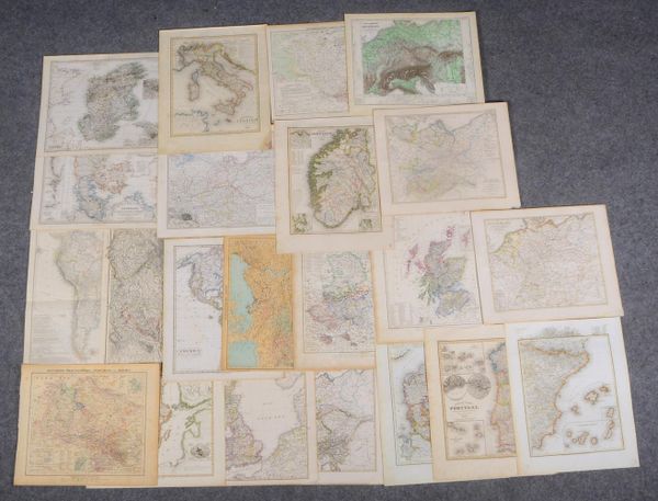Histor. Stahlstiche (um 1850), geograf. Ansichten: 'Europa', 'Nord-/Südamerika', meist grenzkol.