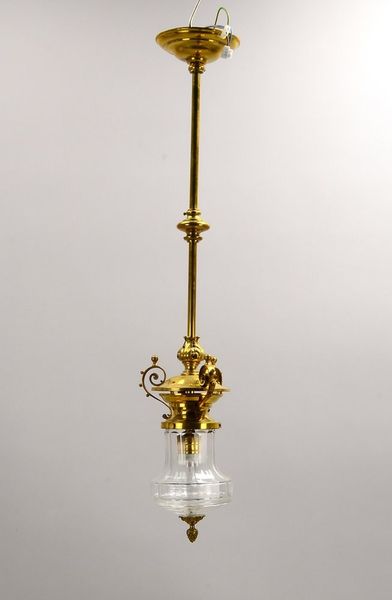 Decken-/Flurleuchte (Gründerz.), Messing, Kristallglasschirm, höhenverst.