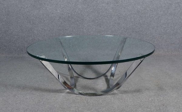 Moderner Couchtisch, Chromgestell mit runder Glasplatte/Glasdicke 2 cm; Höhe 42 cm