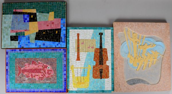 Görsch, Helmut, 3 Glas-Mosaikbilder/1 Stein-Reliefbild, auf Holzplatte; Maße bis 60 x 50 cm