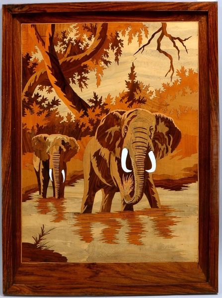Holztafel, 'Elefanten im Wasser', feine Intarsienarbeit; Rahmenmaße 88 x 65 cm