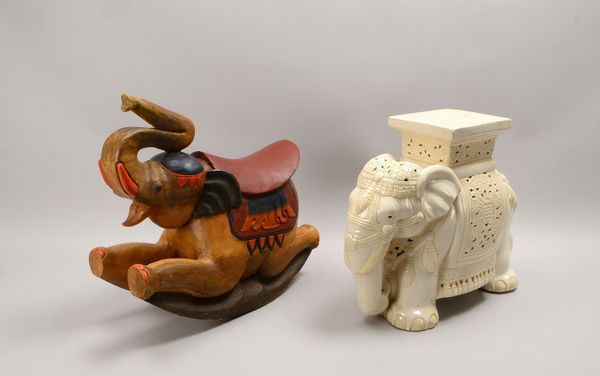2 dekor. Skulpturen, 'Elefanten', Keramik/Holz - 1x als Blumenständer verwendbar