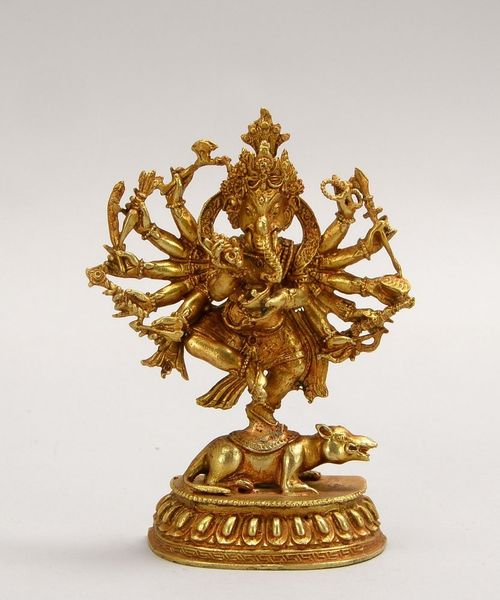 Kl. Bronzefigur (Indien), 'Reise-Buddha' (elefantenköpfig/mit Attrib.), vergoldet