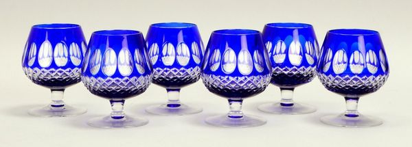 Satz Cognacschwenker, geschliffenes Kristallglas mit blauem Überfang, 6 Stück