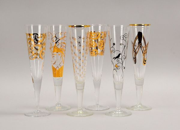 Ritzenhoff, 6x Sammler-Sektkelche, jeweils mit Golddekor; Höhe 24 cm