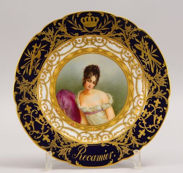 Sèvres-Teller mit handgem. Portrait 'Mme Récamier', sign. 'Delacroix', goldstaff.; Ø 26 cm
