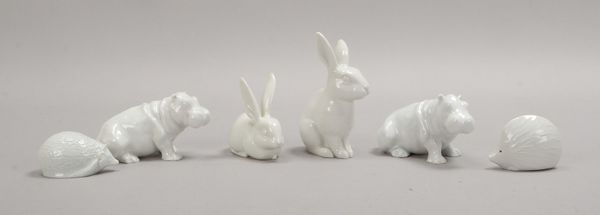 KPM Berlin, 6 Porz.-Tierfiguren: 2x 'Flusspferde', 2x 'Hasen', 2x Vogelfiguren