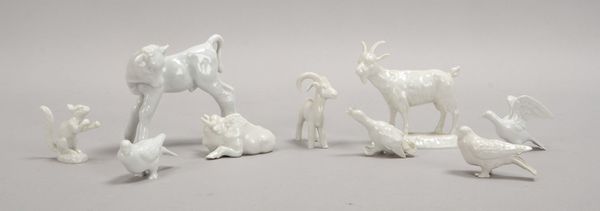 KPM Berlin, 9 Porz.-Tierfiguren: 'Kalb', 'Bison', 'Ziege', 'Eichhörnchen', u.a.