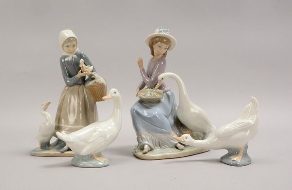 Lladro/Spanien, 4x Porz.-Figuren: 'Frau mit Gänsen', 'Gänseliesel', 'Gänsepaar'
