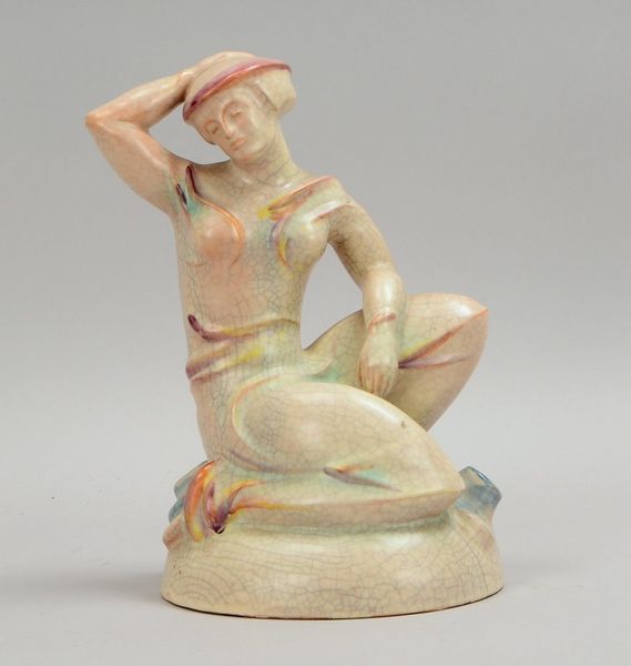 Kieler Kunst-Keramik, Steingut-Figur, 'Kniende Dame', Cracqu./partiell farb., gemarkt