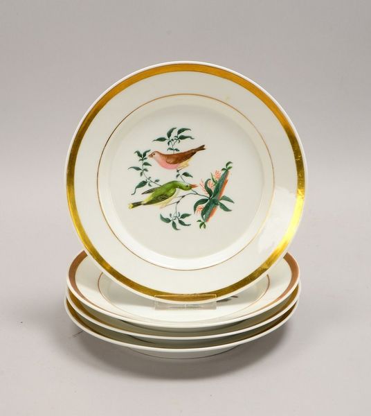 KPM (1849 - 1870), 4 Porzellanteller, mit Handbemalung und Goldrand; Ø 23 cm