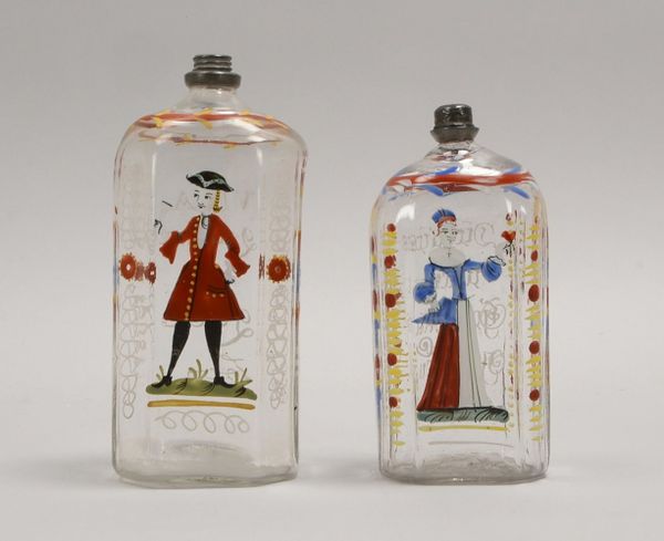 2 antike Glasflaschen, mundgebl., Emaille-Malerei und Widmung/Sinnspr., 1x Schrauverschl.
