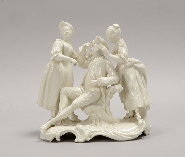 Nymphenburg-Figurengruppe (nach Joh. Friedr. Lück), 'Der geweckte Schläfer', gem.