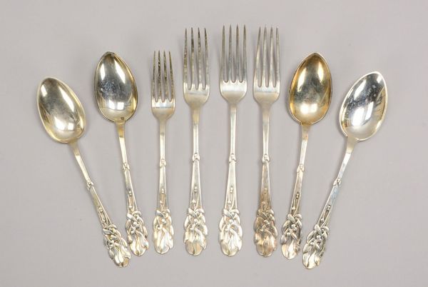 4x Speisegabeln und 4x Löffel (Kopenhagen), 830 Silber, Jugendstil-Dekor; Gew. 350 g