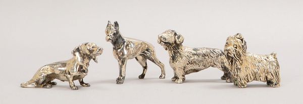 4 Silberfiguren, 'Hunde', als Tischdekoration; Höhe bis 5 cm, Gew. 85 g