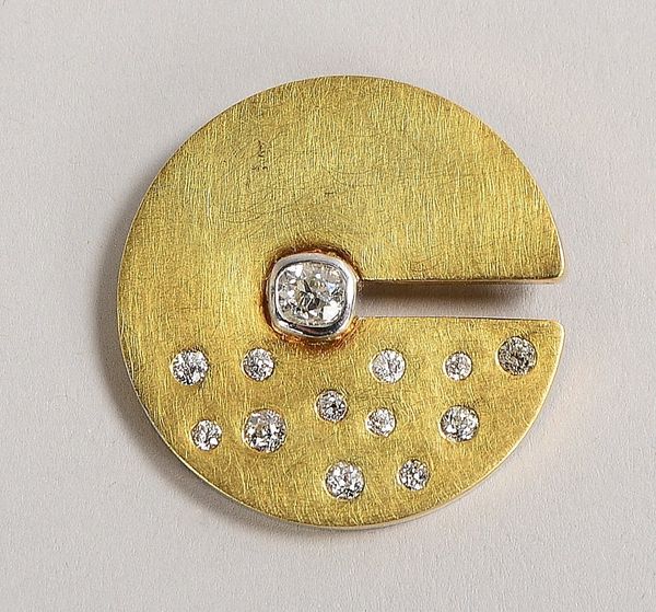 Brosche (Goldschmiedeanf.), 585 GG (gest.), mit 13x Diam.; Ø 32 mm, Gew. 18,80 g