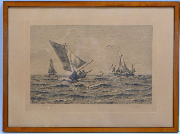Locher, Carl, 'Fischerboote auf bew. See', Radierung, sign./dat.; Rahmenmaße 45,5 x 61,5 cm