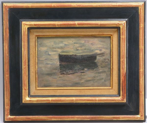 Suau, E.E. (zugeschr.), 'Ruderboot in der Dämmerung', Öl/Holz; Rahmenmaße 38,5 x 46 cm