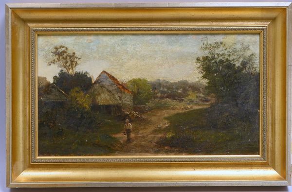 Gemälde (19. Jh.), 'Hirtenjunge vor Gehöft', Öl/Lw, sign.; Rahmenmaße 31,5 x 49 cm