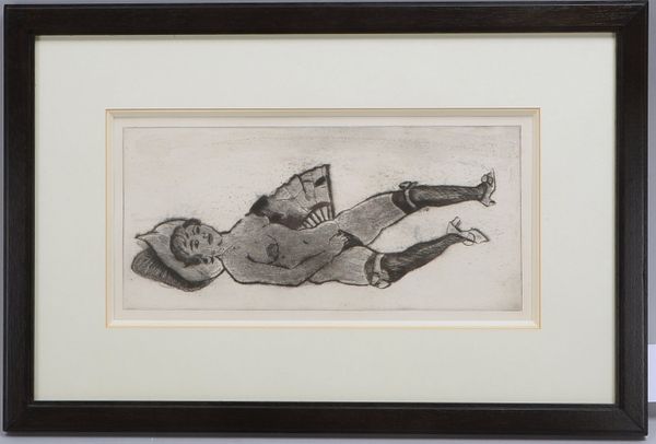 Tappert, Georg, 'Betty liegend', Radierung, unsign., unter PP hinter Glas; Maße 17,7 x 38 cm