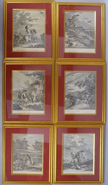 6 jagdl. Stiche, versch. Motive, in dt./frz. Sprache bet., hinter Glas; Rahmenmaße 37 x 67 cm
