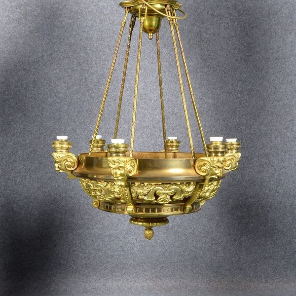 Deckenlampe, 6-fl., Bronze/verg., partiell figürl./teils floral durchbr.; Ø 67 cm
