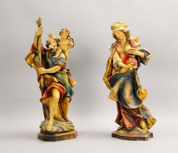 2 Heiligenfiguren, Holz geschn./farbig gef.: 'Hl. Christophorus', 'Maria Magdalena'