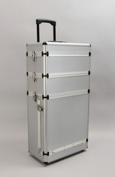 Friseur-/Kosmetikkoffer, Alu, 3-tlg. - 3x abnehmb. Aufsätze, auf Rollen; Maße 80 x 40 x 22 cm