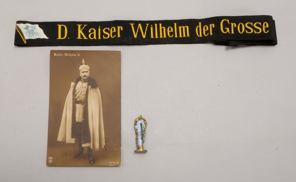 'NDL'-Mützenband 'Wilh. d. Gr.', Postkarte 'Wilh. d. II.', und Petschaft, 'Kaiser Wilh.'