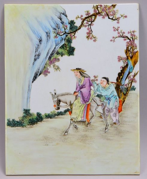 Porz.-Bildplatte (China), polychrome Bemalung, 'Wanderer mit Esel'; Maße 39 x 31 cm
