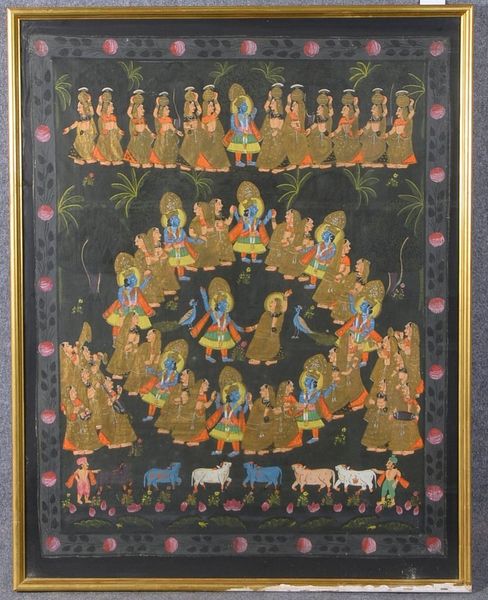 Malerei (Indien), 'Mehrfig. Tanzszene', auf Lw, hinter Glas; Rahmenmaße 132 x 104 cm