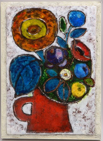 Weichberger, H., Keramikplatte, 'Blumen im Krug', farbig glasiert, im Eisenrahmen