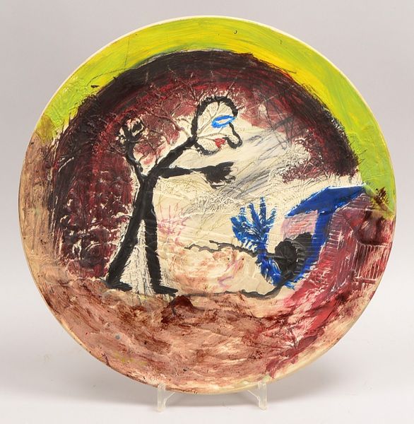 Schulz-Rumpold, V., handbem. Keramikteller, 'Figur vor Wassermühle', verso sign./dat.