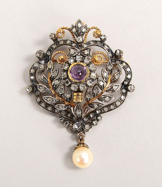 Antiker Anh./Brosche, 750 GG/Silber, Art déco-Ausf., mit Diam., je 1 Perle und Amethyst