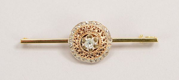 Brosche, 585 GG/RG und Silber, mit Diamantrosen; Länge 5 cm, Gew. 5,20 g