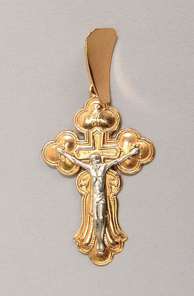 Anhänger, 585 GG (gepr.) und Silber, 'Kreuz'; Länge 3,5 cm, Gew. 4,20 g