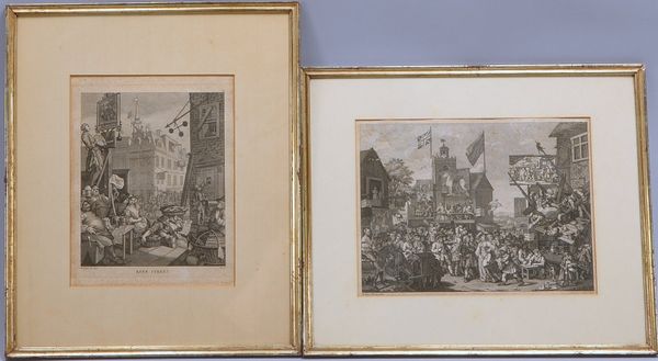 2 Kupferstiche: W. Hogarth, 'Beer Street', und E.L. Riepenhausen, 'Southwark Fair', hinter Glas