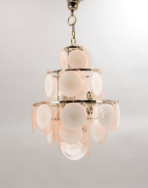Designer-Deckenlampe, 6-fl., 3-stuf./mit kreisf. Glasbehang - mundgeblasen!; Ø 40 cm