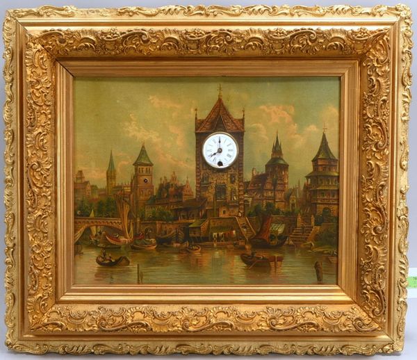 Alte Bilderuhr, 'Stadtansicht', integrierter Spieluhr, im Prunkrahmen; Maße 62 x 72 cm