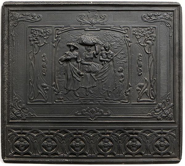 Alte Kaminplatte/Ofenplatte, Gusseisen, mit Jugenstil-Dekor; Maße 75 x 64 cm
