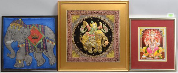 3 dekor. Wandbilder, 'Ganesha'-/'Elefanten'-Motive, versch. Techn./gerahmt