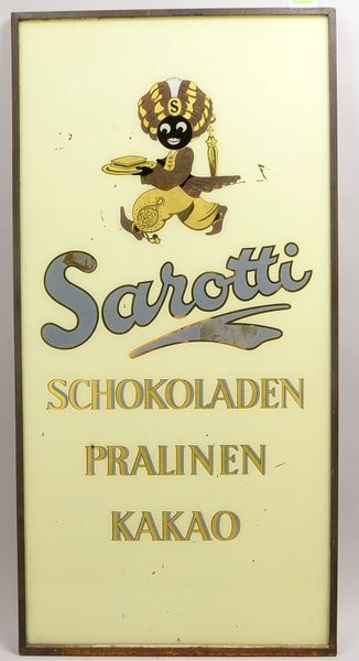 Alte Werbetafel, 'Sarotti - Schokoladen, Pralinen, Kakao'; Rahmenmaße 120 x 60 cm