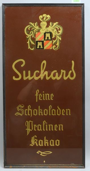 Alte Werbetafel, 'Suchard - feine Schokol., Pral., Kakao'; Rahmenmaße 120 x 50 cm