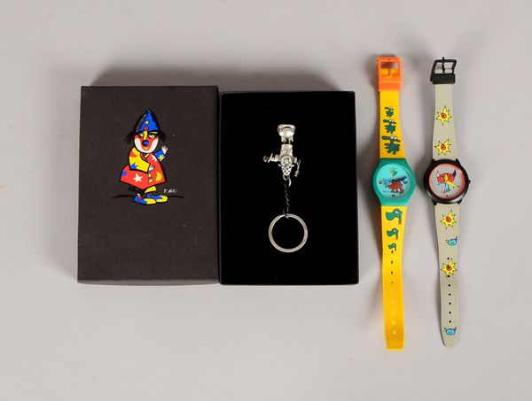 Alt, Otmar, 2 Uhren: 1x Ed. Klisa, 'Drommel'/1x 'Chaos Watch'; und 3x Schlüsselanh.