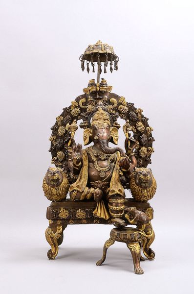 Bronzeskulptur, '4-armiger Ganesha' (mit Handattr.), 2-farbig, auf Thron - Fig. teils gesteckt