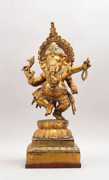 Bronzeskulptur, '4-arm. Ganesha', vergoldet/part. rot gef., 1-beinig auf Sockel stehend