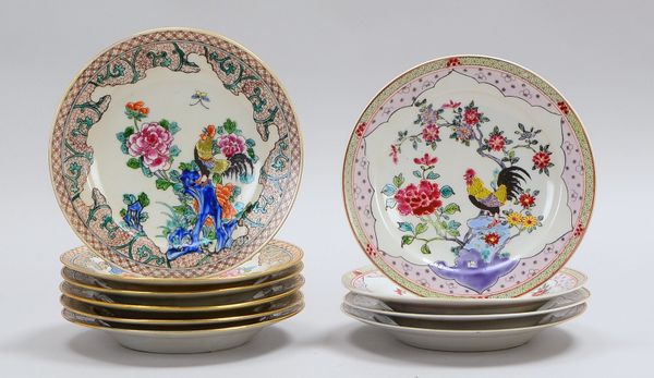 10 Porz.-Teller (China), polychr. Dekor 'Krähender Hahn', ungemarkt, 10 Stück; Ø 21 cm