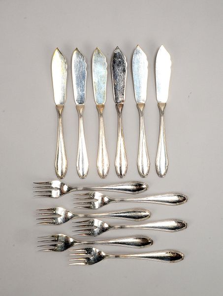 Koch & Bergfeld, Fischbesteck, 800 Silber, Dresdner Barockrand, komplett für 6 Pers.